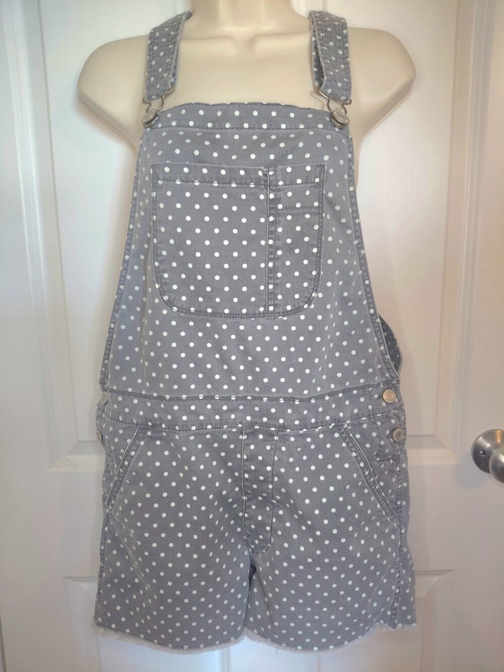 American Eagle Denim Short Overalls Womens Small Gray Blue Polka Dot Cutoff